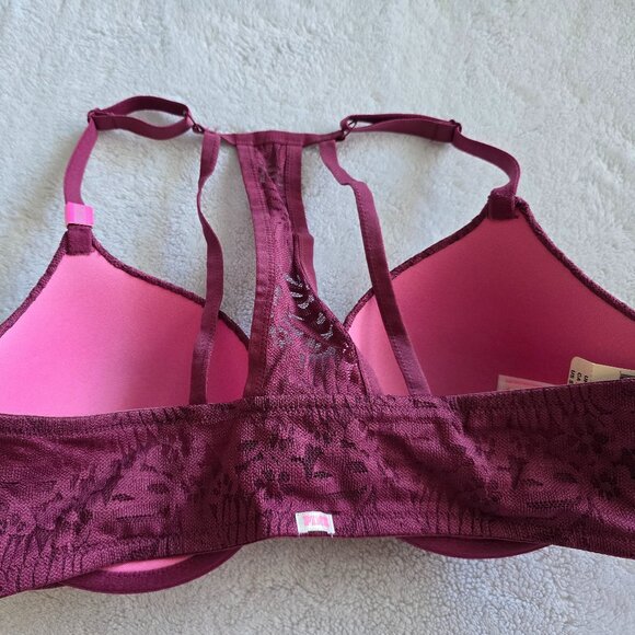 NWT VS PINK lightly lined Lace front closure racerback bra 34D Mauve - Picture 2 of 4